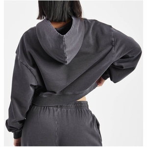 เสื้อฮู้ด460gsm แบบมีฮู้ดสำหรับผู้หญิงเสื้อครอปมีฮู้ดหนาผ้าฝ้าย100สไตล์วินเทจแอซิดกรด - Product Image 2