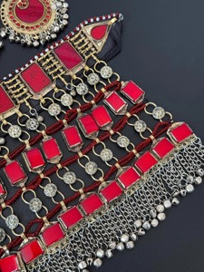 : Authentic Afghan Guluband Choker Necklace Featuring Deep Red Ruby <b>Glass</b> Stones Handcrafted Silver Metal <b>Chains</b> Traditional - Product Image 6