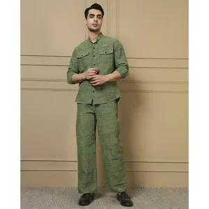 Amanush <b>Men's</b> Green Plaid Cotton Kurta Pant Set Mandarin Collar Full Sleeve Casual Summer Wear Breathable 2 Piece Set - Product Image 6