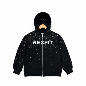 Sweat à capuche noir zippé avec logo Rexfit pour homme, streetwear premium, fermeture éclair en strass, look moderne, usage quotidien, sweat à capuche personnalisé - Product Image 6