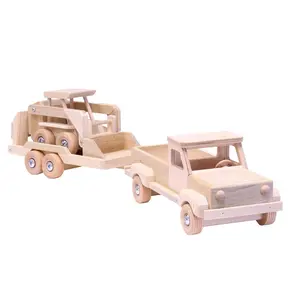 Ahşap oyuncak kamyonet ve düz platformlu römork ile Toddlers loader Set ahşap kamyon oyuncaklar araba tulumları için boyasız güvenli oynamak için