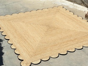 Solid Color Rectangle Jute Rug With Scalloped <b>Edge</b> Farmhouse Style Non-Slip <b>Rubber</b> Backing Living Room Area Rug - Product Image 3