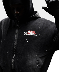 OEM logotipo personalizado bordado lavado francés Terry negro recortado peso pesado lavado ácido desgastado Zip up chaqueta con capucha hombres - Product Image 4