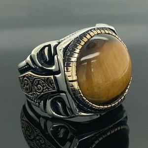 <b>925</b> Sterling <b>Silver</b> Men's Vintage Engagement <b>Ring</b> Natural Tiger Eye Gemstone Bezel Setting Lock Shape Handmade Third Party Fine - Product Image 2
