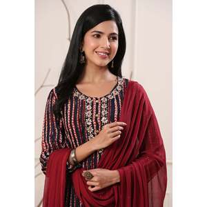 Chal de Encaje de Algodón Premium, Elegante para Fiestas, Dupatta de Chifón Color Granate para Mujer - Product Image 1