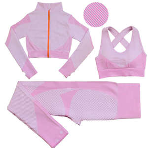 Women's Plus 4XL Fitness 3-Piece Set <b>Long</b> <b>Sleeve</b> Bra Zipper <b>Top</b> High Waist Leggings Elastic Seamless Yoga XL Breathable Solid - Product Image 3