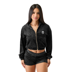 Sudadera con capucha de terciopelo para mujer, chaqueta corta de felpa suave, ropa informal para estar en casa, top de manga larga con cremallera frontal - Product Image 1