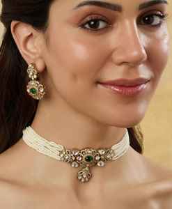 Stylish Fashionable Matt <b>Gold</b> Plated Polki Kundan Choker <b>Earrings</b> <b>Set</b> for Parties Wedding Anniversary Celebrations Made Durable - Product Image 3