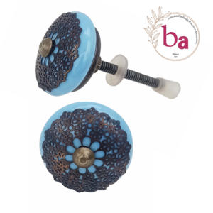 ลูกบิดเซรามิกลายดอกไม้ทองเหลืองโบราณที่ดึงลิ้นชักตู้สีฟ้าฟ้าสำหรับห้องครัวห้องรับประทานอาหารตู้เสื้อผ้า - Product Image 1