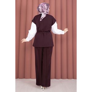 Conjunto Casual de Otoño y Verano, Chaleco con Botones Dorados y Cinturón, Pantalones de Crepé Color Ciruela, Corte Ajustado, Top Corto y Pantalones Cortos - Product Image 6