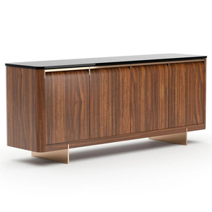 Modern Walnut Sideboard <b>Cabinet</b> Four Door <b>Living</b> <b>Room</b> Buffet Storage Console with <b>Black</b> Top Metal Legs - Product Image 6