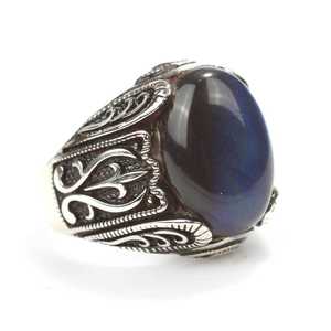 Bague pour homme en argent sterling 925 avec pierre saphir bleu marine, motif géométrique ovale à capuchon en or 14 carats, plaqué rhodium pour un usage quotidien - Product Image 2