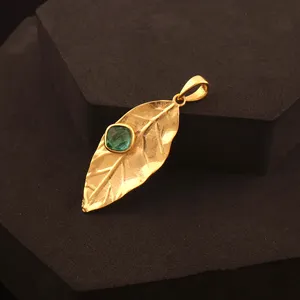 Designer plain gold leaf pendant single stone apatite quartz cushion briolette leaf style pendant connector gold plated locket