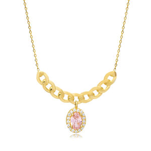 Collar con Colgante Turco de Cuarzo Rosa y Circonita Cúbica, Forma Ovalada, Venta al por Mayor, Joyería de Plata 925 - Product Image 3