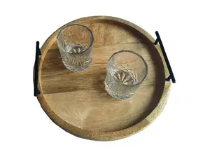 Plateau de service rond en bois d'acacia avec poignées Décoration d'intérieur Organisation Table à manger Contenant de rangement alimentaire - Product Image 2