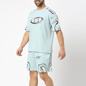 Conjunto de Shorts de Verano para Hombre, Estilo Casual, Poliéster/Algodón, con Logotipo Personalizado, Camiseta de Cuello Redondo, Shorts con Cordón, Tejido de Punto - Product Image 4