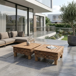 Natural Teak Wood Slatted Coffee <b>Table</b> Chunky Woven Rattan Base Square Low Patio <b>Table</b> Setup Decor Pure Art Room Design - Product Image 5