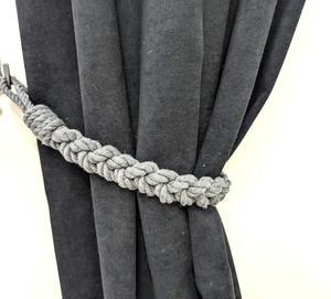 Gray Cotton Rope Curtain <b>Tieback</b> - Four-Strand Braided Holdback for Modern Decor - Product Image 1