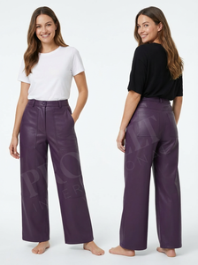 Oversized Flare Leather Trousers Women High Waist Straight Leg Concealed Fly <b>Belt</b> Custom Pocket Embroidery Logo Leather Pants - Product Image 2