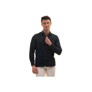 เสื้อทรงสลิมฟิตผ้าฝ้ายสไตล์ตะวันตกสีน้ำเงินเข้มกระเป๋าคู่ - Product Image 5