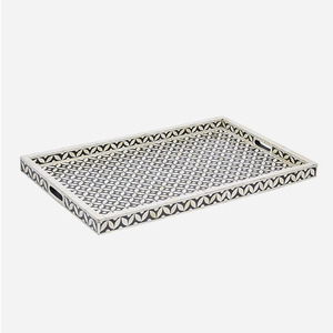 Plateau de service rectangulaire en résine avec incrustations d'os et poignées |   Plateau décoratif moderne pour table basse, salon, cuisine, élégant - Product Image 1