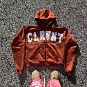 2025 nouveau Vintage Crop 100% coton lourd fermeture éclair thermique en détresse broderie Patch tailles américaines lavage à l'acide sweats à capuche pour hommes - Product Image 4