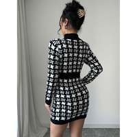 Robe moulante mini en maille pied-de-poule pour femme, manches longues, col rond, couleur contrastante, style décontracté d'été, respirante, mélange de viscose