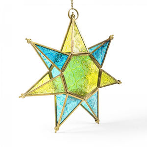 Lanterne suspendue en forme d'étoile en verre et en bois faite à la main, porte-bougie chauffe-plat - Product Image 3