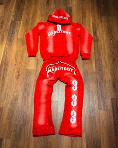 Customized Manufacturer Acid Washed Rhinestones Zip up <b>Tracksuit</b> Two Pieces Stripe Hoodie Sets Applique Sun Fade Sweatpants Sets - Product Image 1