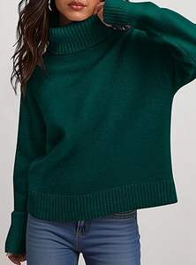 Nouveau Style équipage col haut allongé couleur unie tricoté plaine pull épaule tricoté cachemire pull dames Jacquard chandails - Product Image 3