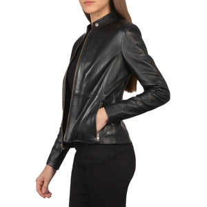 Chaqueta de Motociclista de Cuero Negra para Mujer, Cuello Alto, Cierre de Cremallera, Manga Larga - Product Image 2