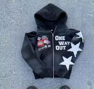 เสื้อแจ็กเก็ตมีฮู้ดสำหรับผู้ชายเสื้อครอปแบบวินเทจสองชั้นเสื้อถักแขนยาวปักลายกันแดดซีดมีซิป - Product Image 3