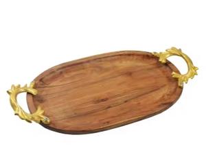 Vente en gros, plateau de service rond en bois de noyer brun rustique de petite taille personnalisé avec poignées, plateaux pour sarfophages naturels - Product Image 3