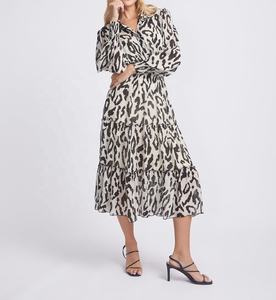 Vestido Casual Americano OEM 2023, Estilo Línea A, con Volantes, Cuello Alto, Botones al Frente, Mangas Largas, Estampado Animal, Tallas Grandes - Product Image 6