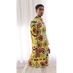 Custom Floral Embroidery Leather <b>Jacket</b> Boho Style Unisex Handmade Luxury Ethnic Wholesale <b>Mandarin</b> <b>Collar</b> Customizable Logo - Product Image 3