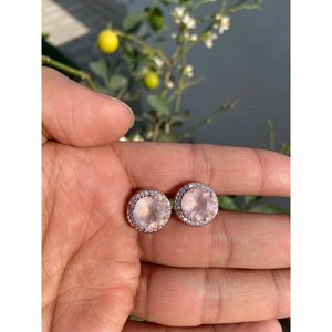 925 Silver Rose Quartz <b>Stud</b> <b>Earrings</b> with Gold Plating Cute Style Bezel Setting for Wedding Engagement or Party - Product Image 5