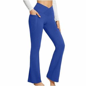 Servicio OEM buena alta calidad al por mayor cintura suelta pierna ancha pantalones largos Color sólido pantalones acampanados pantalones de Color sólido para la venta - Product Image 5