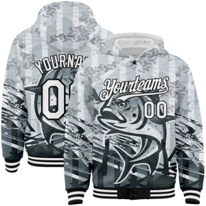 Bombardier 3D personnalisé gris blanc-noir géant pêche au poisson trevally veste à capuche Letterman Varsity Full-Snap pour hommes - Product Image 1