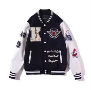 Custom 100% Cotton PU Leather Sleeve <b>Varsity</b> <b>Jacket</b> for Men Oversized <b>Vintage</b> Letter Chenille Embroidery Stand Collar Front Logo - Product Image 4