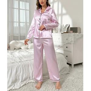 Conjunto de ropa de dormir personalizada de poliéster/algodón de talla grande, transpirable, suave, holgado, de manga larga, con botones, de Color sólido para mujer - Product Image 4