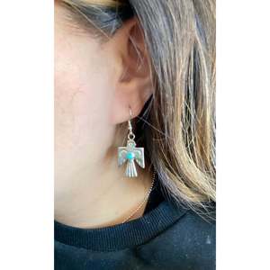 Navajo Handmade Turquoise & Sterling Silver Thunderbird Drop Earrings - Product Image 2