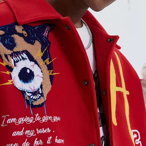 Custom Chenille Patch Embroidery Stand Lettermen Bomber Baseball Varsity <b>Jacket</b> Red <b>White</b> Windproof Breathable for <b>Men</b> - Product Image 6