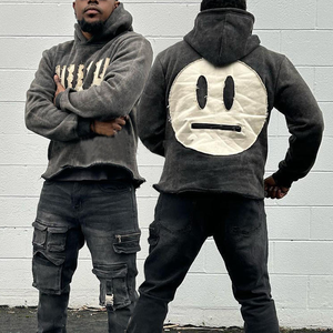 Sudadera Corta de Invierno al por Mayor, Lisa, con Dobladillo sin Rematar, Estilo Urbano, con Letras Bordadas en Felpa, Parche Desgastado, Lavado Ácido - Product Image 1