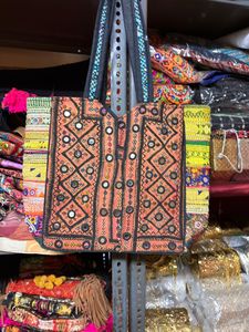Bohemian Embroidered Cotton Tote <b>Bag</b> With Shell And Mirror Work Panelled Design For Women Shopping - Product Image 2