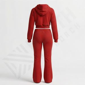 Mode d'hiver, survêtement à jambes évasées à manches longues, haut court à capuche pour femmes, logo personnalisé imprimé, 100% coton molletonné, couleur personnalisée - Product Image 2