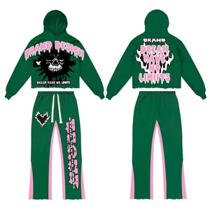 Chándal de retazos con logotipo personalizado de algodón 100%, conjunto de pantalones acampanados de 2 piezas, conjuntos de dos piezas para hombre, Top corto, conjuntos de pantalones de chándal informales para hombre - Product Image 2