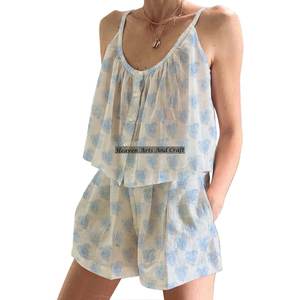 Ensemble de pyjama en coton 100% imprimé à la main, ultra-doux, floral, ajusté, sans manches, pour le printemps/été - Product Image 2