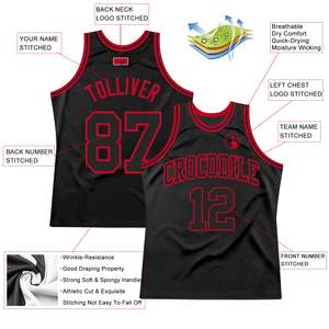 Maillot de basket-ball brodé par sublimation personnalisé de qualité supérieure fabriqué en usine Maillot en maille de polyester à col noir et rouge - Product Image 2