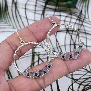 <b>Best</b> Quality Natural Solid 925 Sterling Silver Hoop Earrings Rose Quartz Gemstone Handmade Wedding Gift Jewelry for Women - Product Image 2