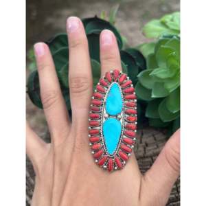 Navajo Stormy Mountain <b>Turquoise</b> & Natural Coral Everyday Wear Sterling Silver <b>Ring</b> Size 8 - Product Image 2